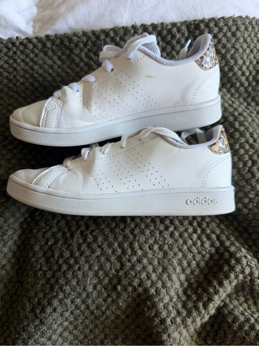 adidas Kids White Sneakers with Leopard Heel Detail
